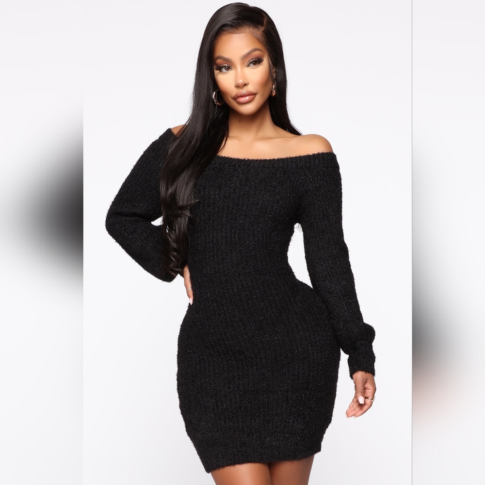 Fashion Nova Bella Off Shoulder Sweater Mini Dress Size Small Black Long Sleeve